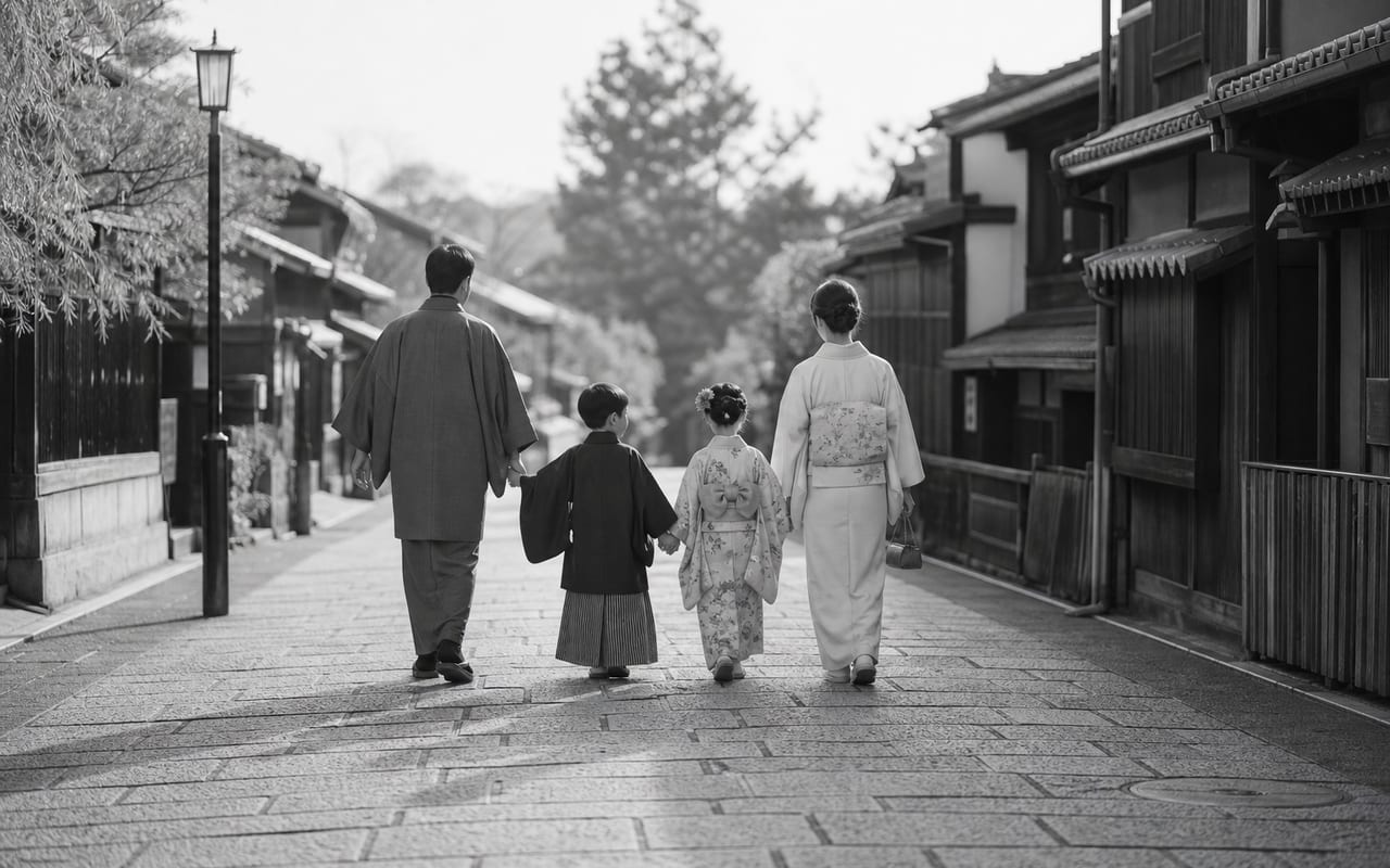 祇園の石畳を歩く着物姿の家族
