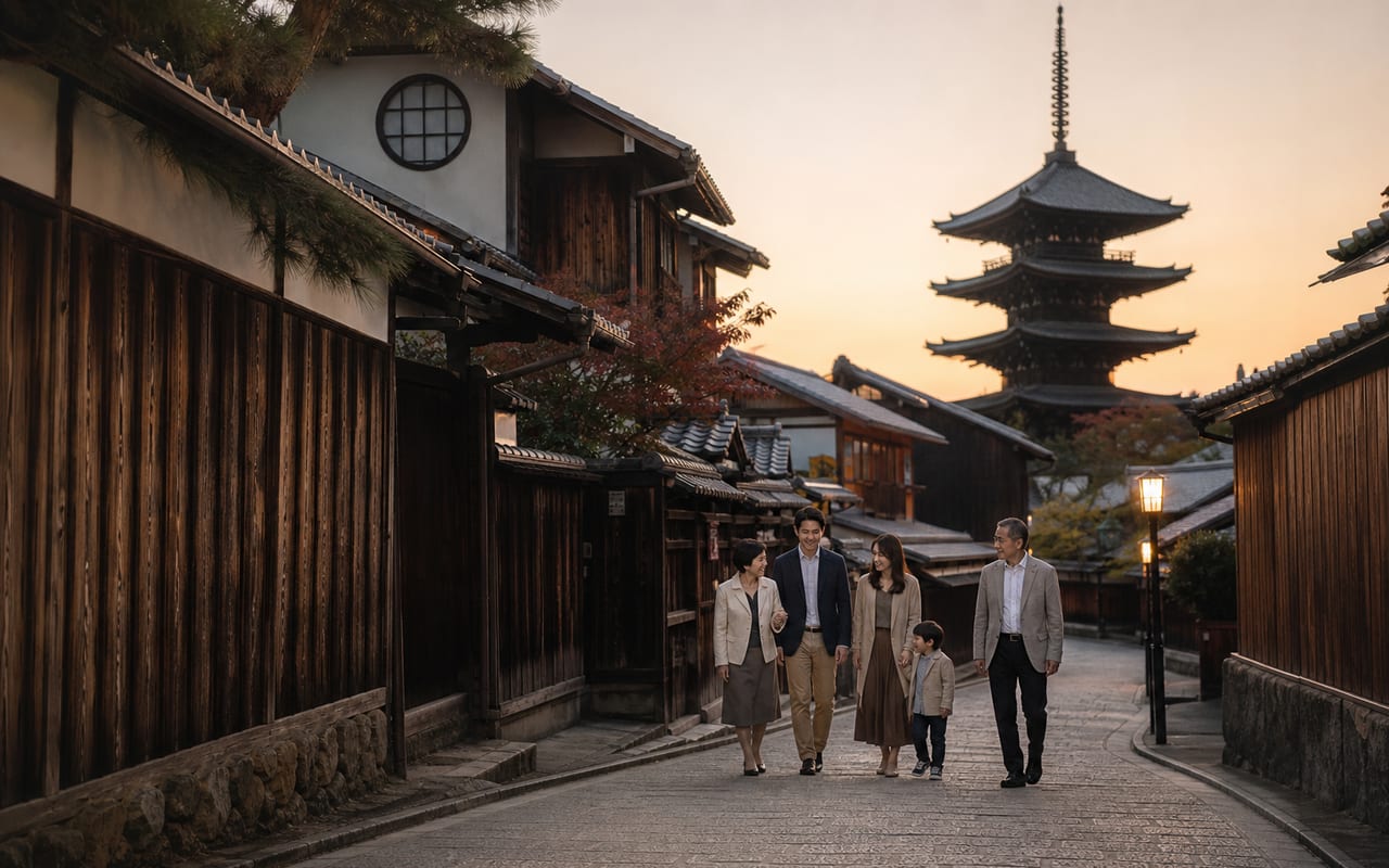 八坂の塔を背景に歩く三世代家族