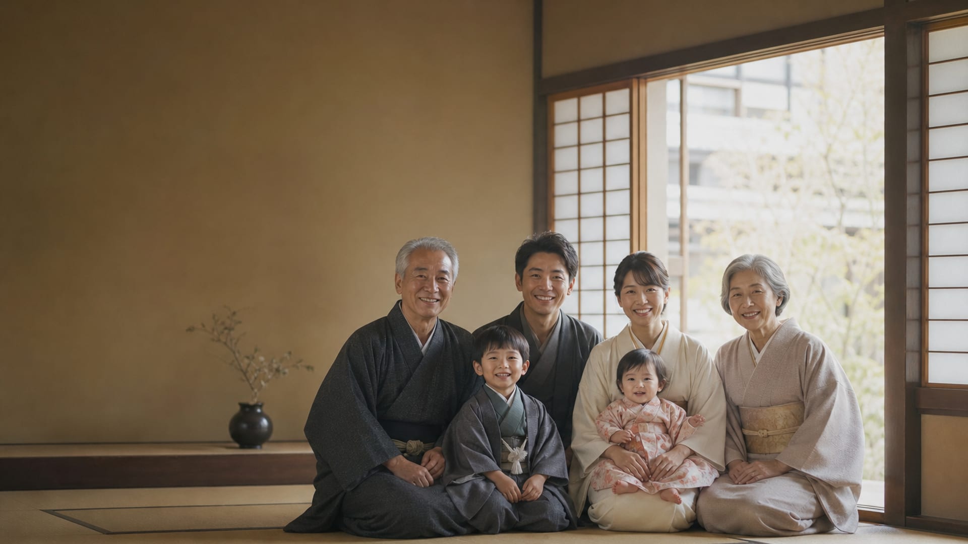 京町家の和室で寄り添う三世代家族の記念写真