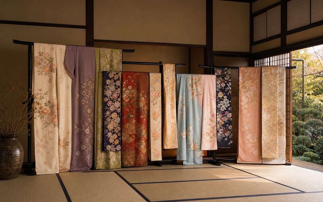 スタジオに揃う着物のコレクション